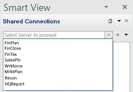 Example of a shared connection to multiple EPM Cloud data sources. The drop-down menu shows several EPM Cloud business processes, such as Narrative Reporting and Tax Reporting, to which you can connect Example of a shared connection to multiple EPM Cloud data sources. The drop-down menu shows several EPM Cloud business processes, such as Narrative Reporting and Tax Reporting, to which you can connect