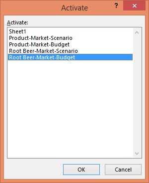 Dialog box showing all the reports that were created as a result of selecting the Product, Market, and Scenario dimensions.