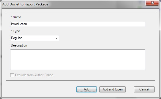 Add Doclet to Report Package dialog box.
