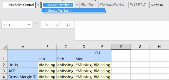 Shows the Entity dimension with 440:Sales Central selected resulting in no members available for selection in the Page drop-down list for the Product dimension. Shows the Entity dimension with 440:Sales Central selected resulting in no members available for selection in the Page drop-down list for the Product dimension.