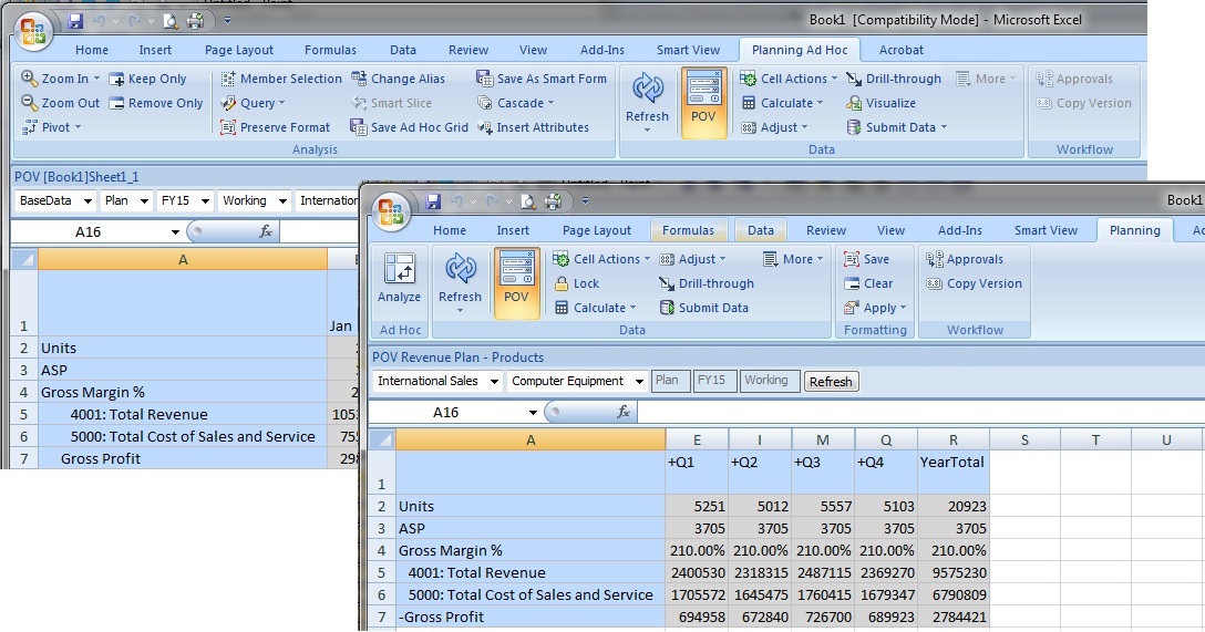 Shows the Planning data source ribbon, which displays when accessing a Planning form. Then shows the Planning Ad Hoc ribbon, which displays when accessing Planning ad hoc.
