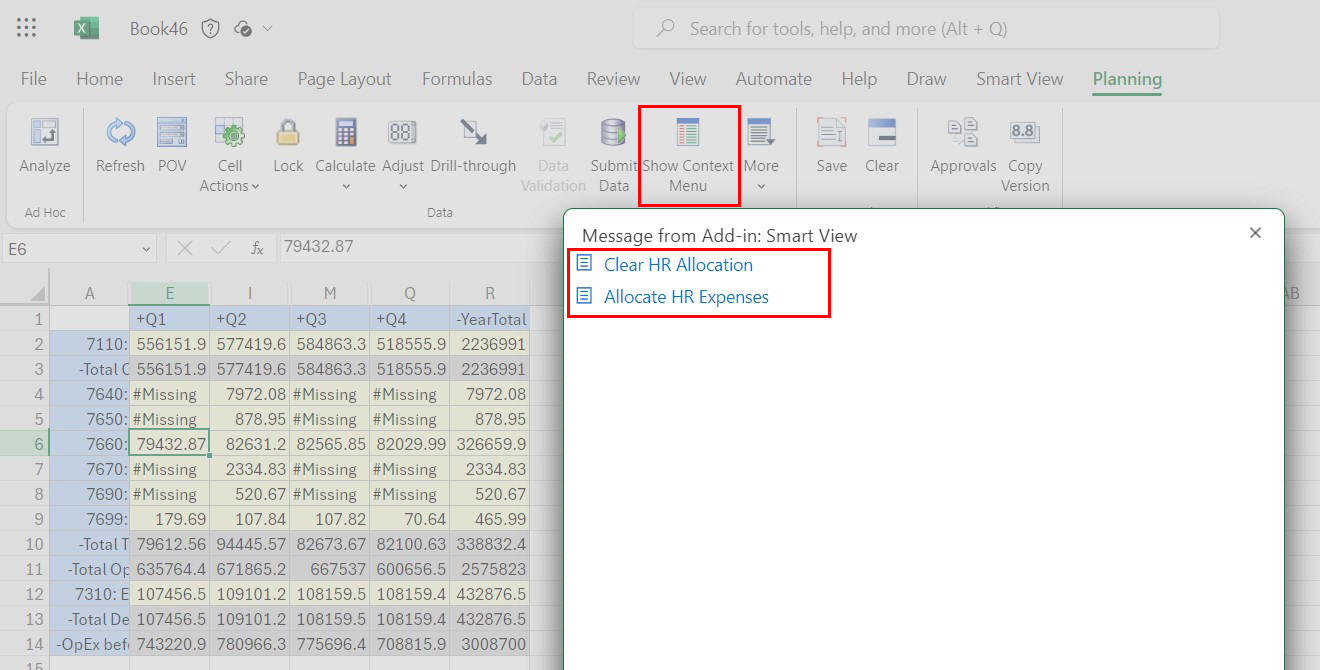 Clicking the Show Context Menu button shows the context menu dialog with actions defined for the selected data cell Clicking the Show Context Menu button shows the context menu dialog with actions defined for the selected data cell