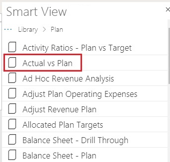 Smart View panel with the Actual vs Plan Planning form selected