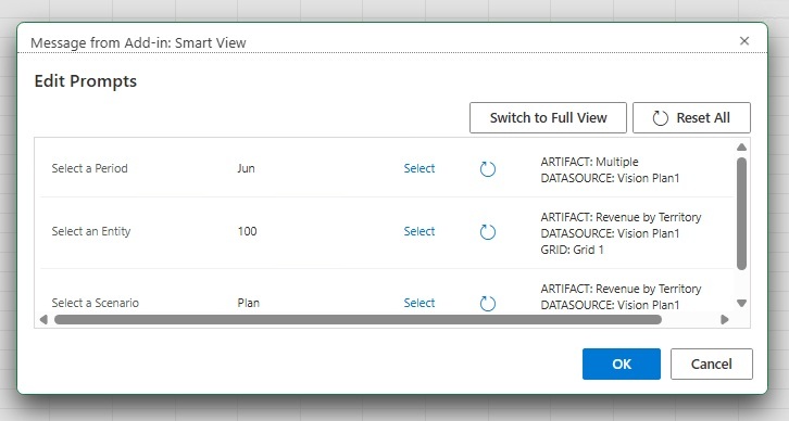 Edit Prompts Dialog in Compact Mode, with Show Full View Button