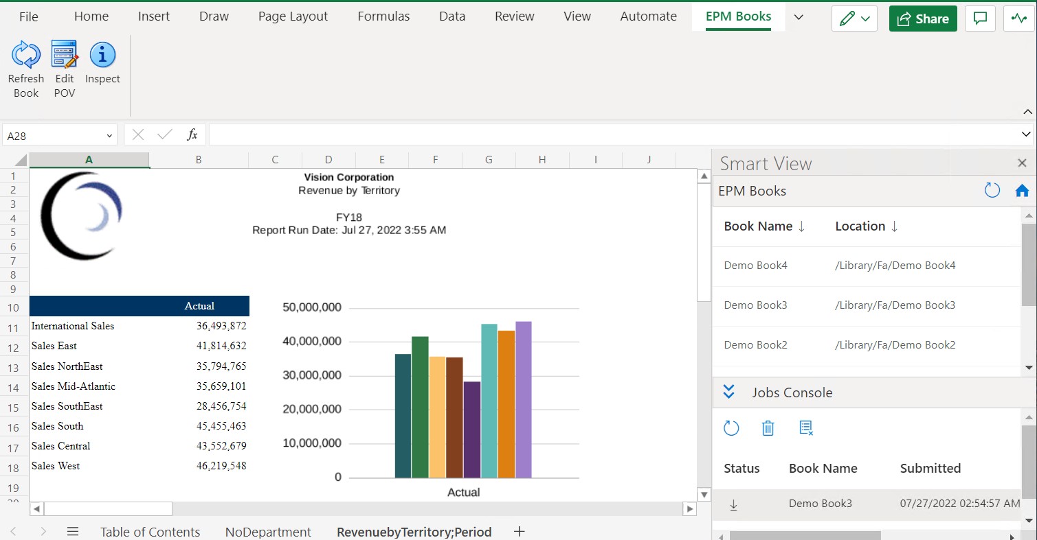 Shows an example of TOC page and reports in worksheet tabs in a book downloaded into Excel 365