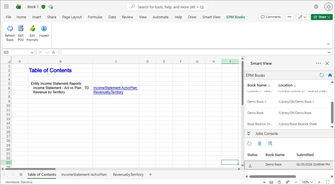 Shows an example of the TOC page and worksheets tabs in a book imported and downloaded into Excel 365