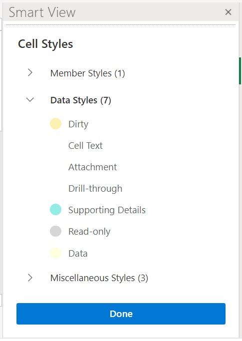 Cell Styles panel showing three cell types, Member, Data, an d Miscellaneous. The Data styles section is expanded to show the different cell data types, such as Drill-through, Attachment, and others.