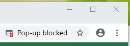 The URL address bar in Chrome showing the Pop-up blocker button and the words, "Pop-up blocked"