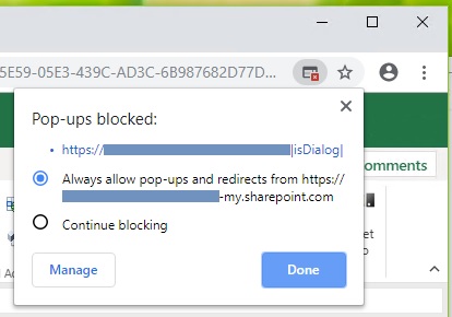Bliv sammenfiltret Auto hjælpemotor Allowing Pop-ups from Office Online in Chrome