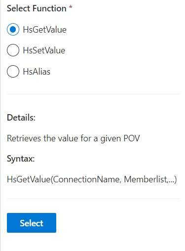 The Function Builder showing the supported functions list, where you select a function to work with. HsGetValue is selected