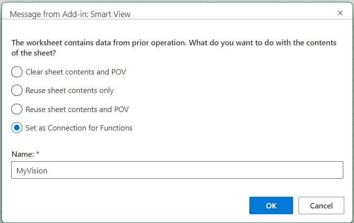 Prompt where you select the Set as Connection for Functions option; and Name field where you provide a connection name