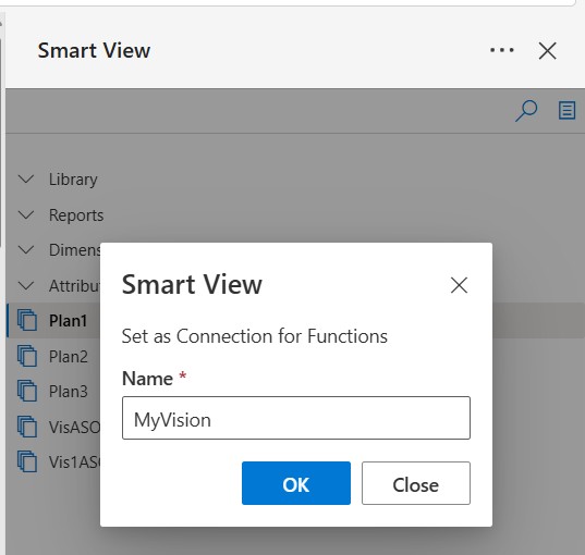 Set as Connection for Functions dialog displaying the Name field where you enter the connection name to use for functions