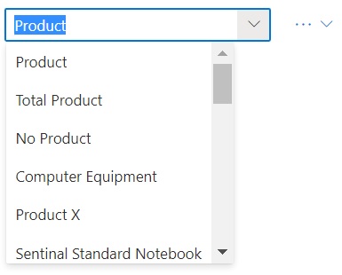 Dimension drop-down menu showing members of the Product dimension in the list