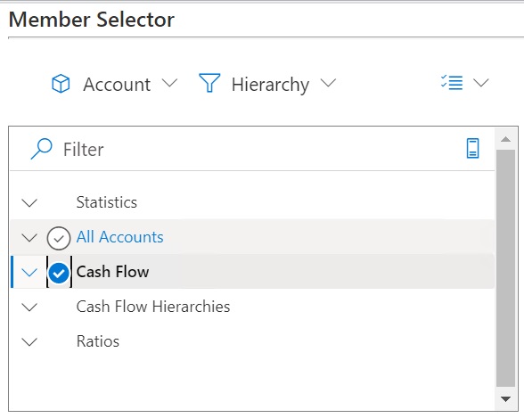 Shows a list of members for the Account dimension. The Cash Flow member is selected, the check box next to the member is blue. The All Accounts member is not yet selected, the check box next to the member is gray meaning the cursor is hovering over it.