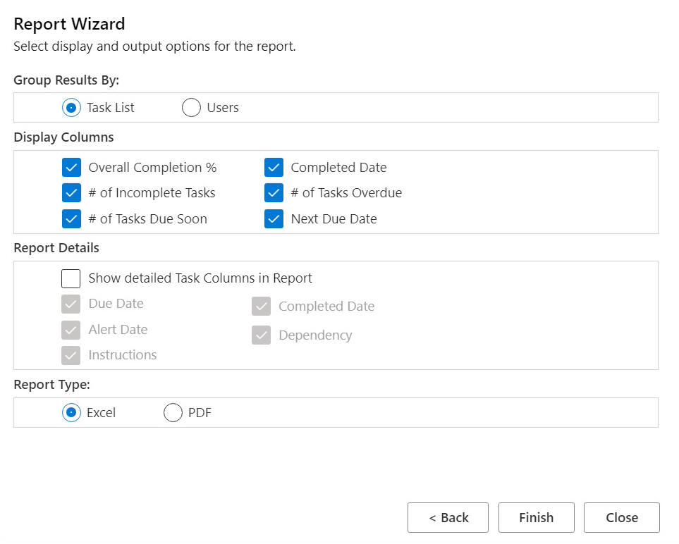 Second page of Report Wizard, where you select options for grouping, column display, details to display, and report type.