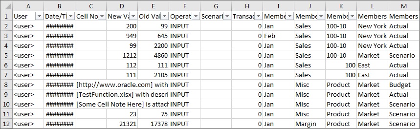 A worksheet containing the content of the audit trail for a selected Essbase cube.