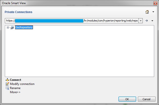 Shows the private connection dialog box with the connection in the text box at the top of the dialog, and the data source folder structure unexpanded in the center of the dialog. At the bottom of the dialog is the Connect command.