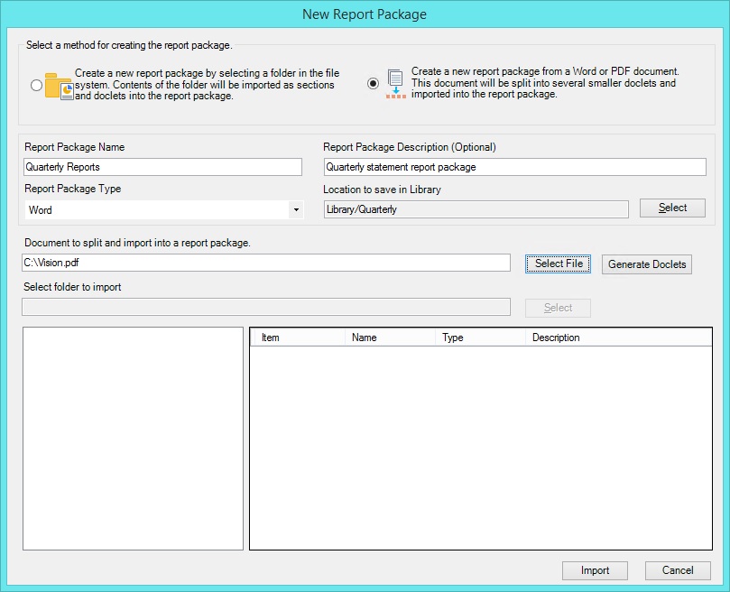 Shows the fields displayed in the New Report Package dialog when the option to create a new report package from a file is selected. The available fields are: Report Package Name, optional Report Package description, Report Package Type, Location to save in Library, Document to split, and the read-only Select folder to import that will hold the generated files.