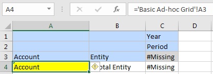 An ad hoc grid in cells A1 to C3, with a referenced member in cell A4.