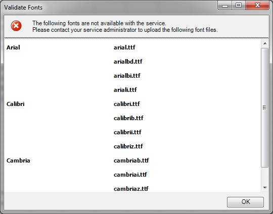 Validate Fonts dialog box, listing the fonts that are missing from the Narrative Reporting ribbon service