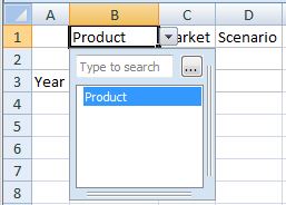 Clicking in a dimension cell causes a down arrow to appear at the right of the cell. Clicking the arrow launches the cell-based POV containing a list with the name of the dimension selected, along with a search field and an ellipsis button (...). Click the ellipsis button to launch the Member Selection dialog box and select the members to display in the drop-down list.