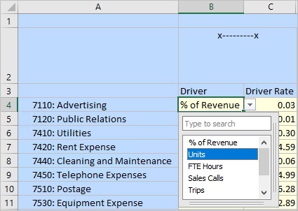 Drop-down selection list that results from clicking the down arrow next to a Smart List cell