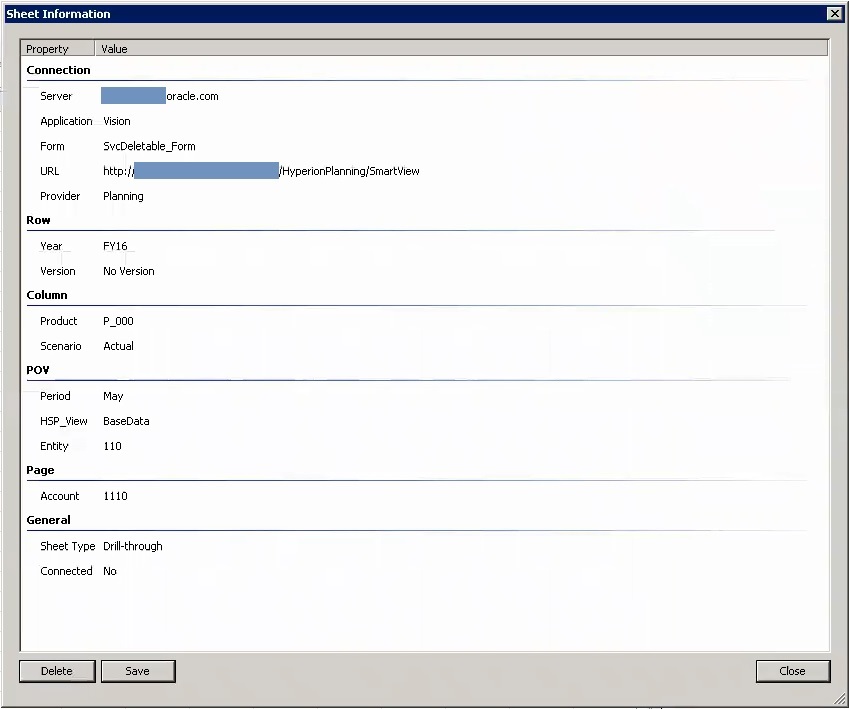 Sheet Information dialog box containing information about the cell intersection from which the drill-through sheet originated.