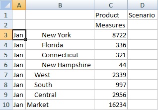 Shows only the Jan members with the Market dimension and members grouped under Jan.