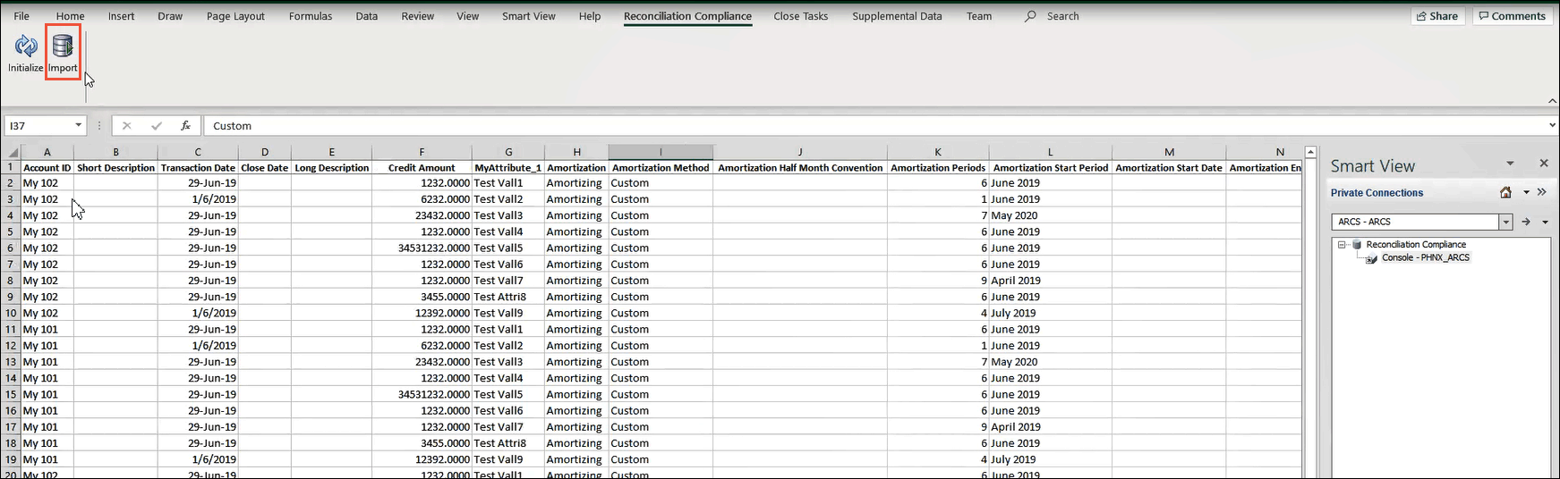 After connecting, the Reconciliation Compliance ribbon is selected and its options are displayed. The Import option on the ribbon is circled. The Private Connection panel is displayed at the right of Excel.