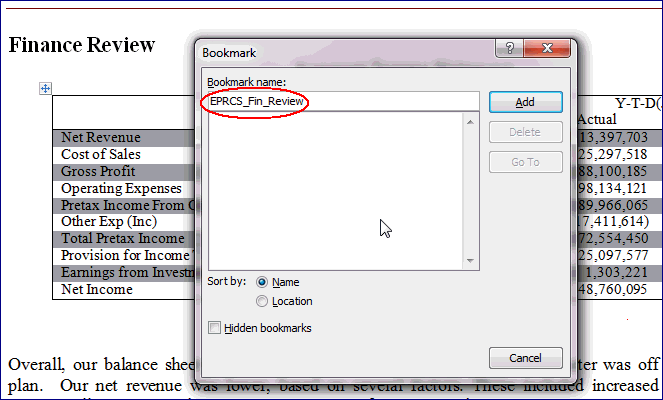 Bookmark dialog box