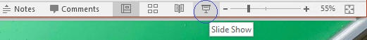 The bottom right task bar area of the PowerPoint window, where you can choose Slide Show mode.