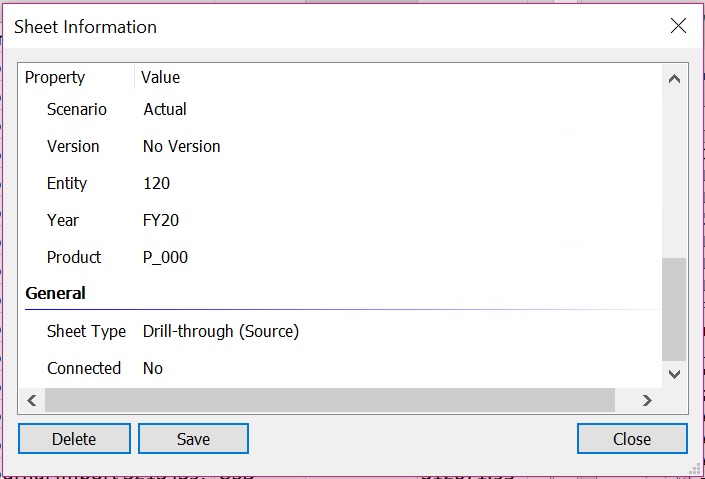 Sheet Information dialog showing the Sheet type for a Drill-through source sheet