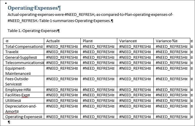 Shows the grid pasted into Word, all data cells contain the #NEED_REFRESH placeholder.