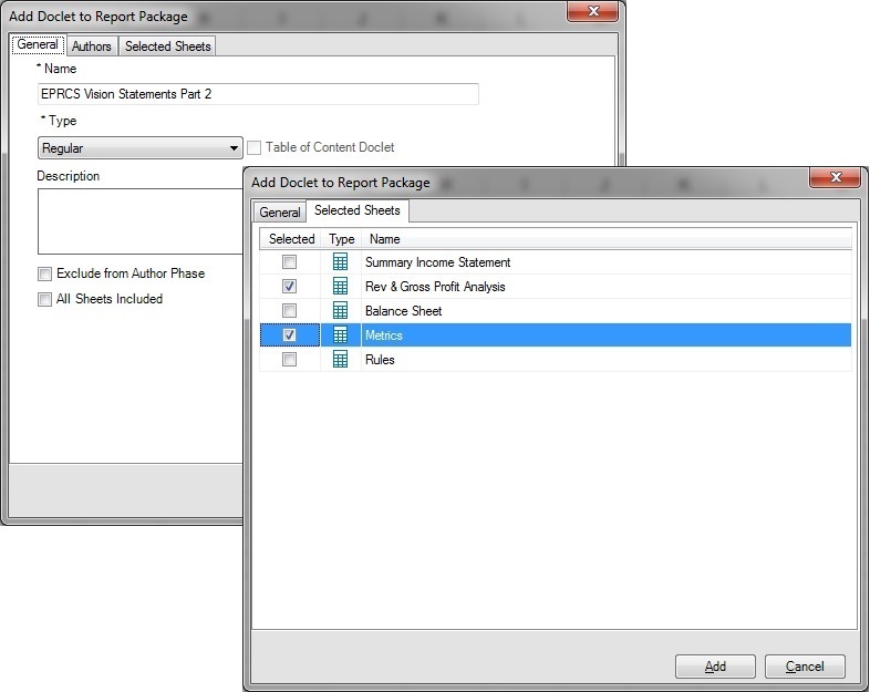 Shows the General tab of the Add Doclet to Report Package dialog, with the All Sheets Included option cleared in the background, and in the foreground the Selected Sheets tab of the Add Doclet to Report Package dialog, where each worksheet is listed with a check box next to its name for selecting specific worksheets to include in the report package.