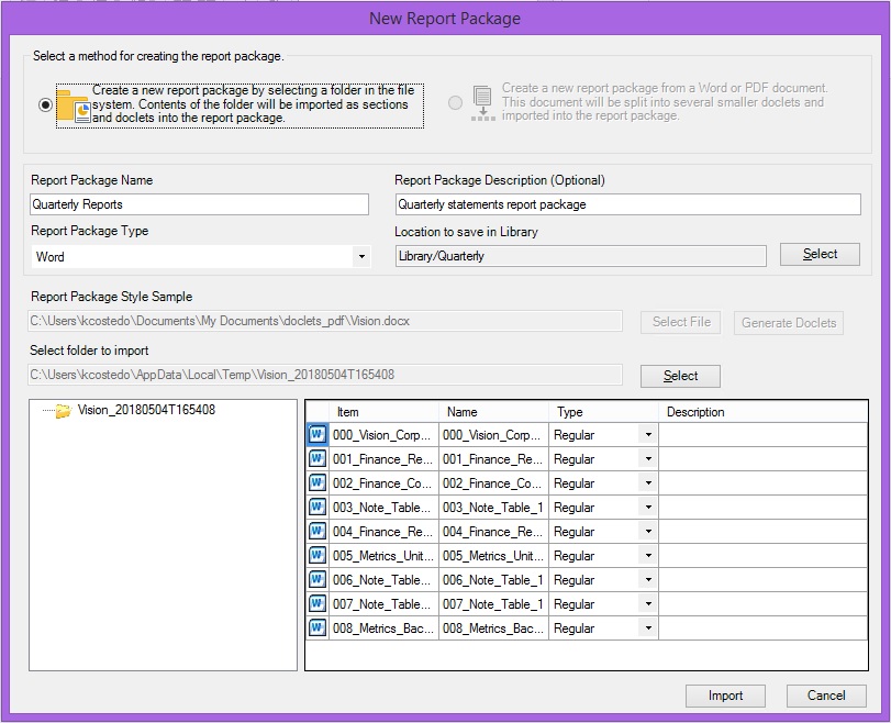 Shows the fields displayed in the New Report Package dialog after choosing to create a new report package from a file and generating the doclets is completed. The dialog reverts to the format of the New Report Package dialog when the folder option has been selected. Available fields are: Report Package Name, optional Report Package description, Report Package Type, Location to save in Library. In Report Package Style Sample, a style sample document has been defined based on the content of the original file that was used and is not selectable. A temporary folder location is specified in the Select folder to import field is not selectable. The bottom portion of the dialog contains the files that were generated. You can edit the doclet type and add an optional description to each file.