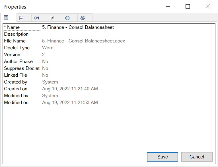 Properties tab in the Properties dialog box for a selected doclet.