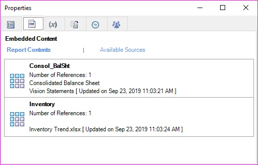 Embedded Content tab in the Properties dialog box for a selected doclet listing the embedded content ranges that are used in the selected doclet.