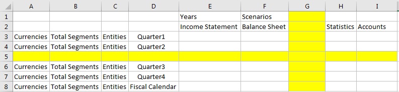 An ad hoc grid with a blank row and a blank column running through the center of the grid. There is no data on the grid.