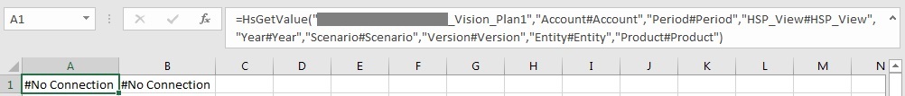 Grid contains only Smart View functions. Cell A1 is selected and the formula bar shows the formula for an HsGetValue function.