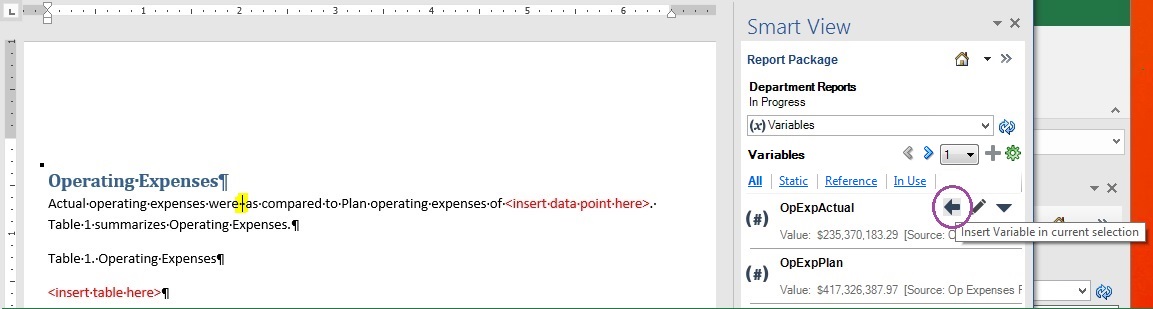 Shows a Word doclet with the variable insertion point highlighted. The Insert button is circled for emphasis, and the tooltip text reads Insert Variable in current selection.