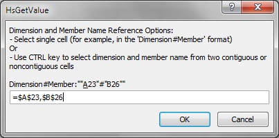 Cell Reference dialog box with two noncontiguous cells selected, cells A23 and B26