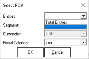 Select POV dialog; the Entities dimension shows an ellipsis in the drop-down list