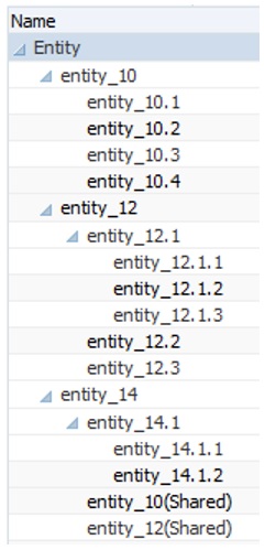 Entity dimension and its hierarchies, including a shared member hierarchy