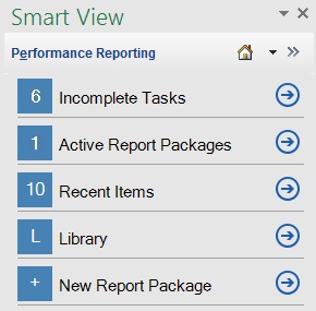 Shows the Performance Reporting Home panel, providing access to the items that require user attention and access to recently accessed items as well as the EPRCS Library node.