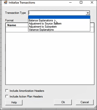Initialize Transactions dialog