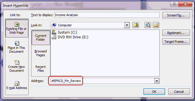 screenshot showing Insert Hyperlink dialog box