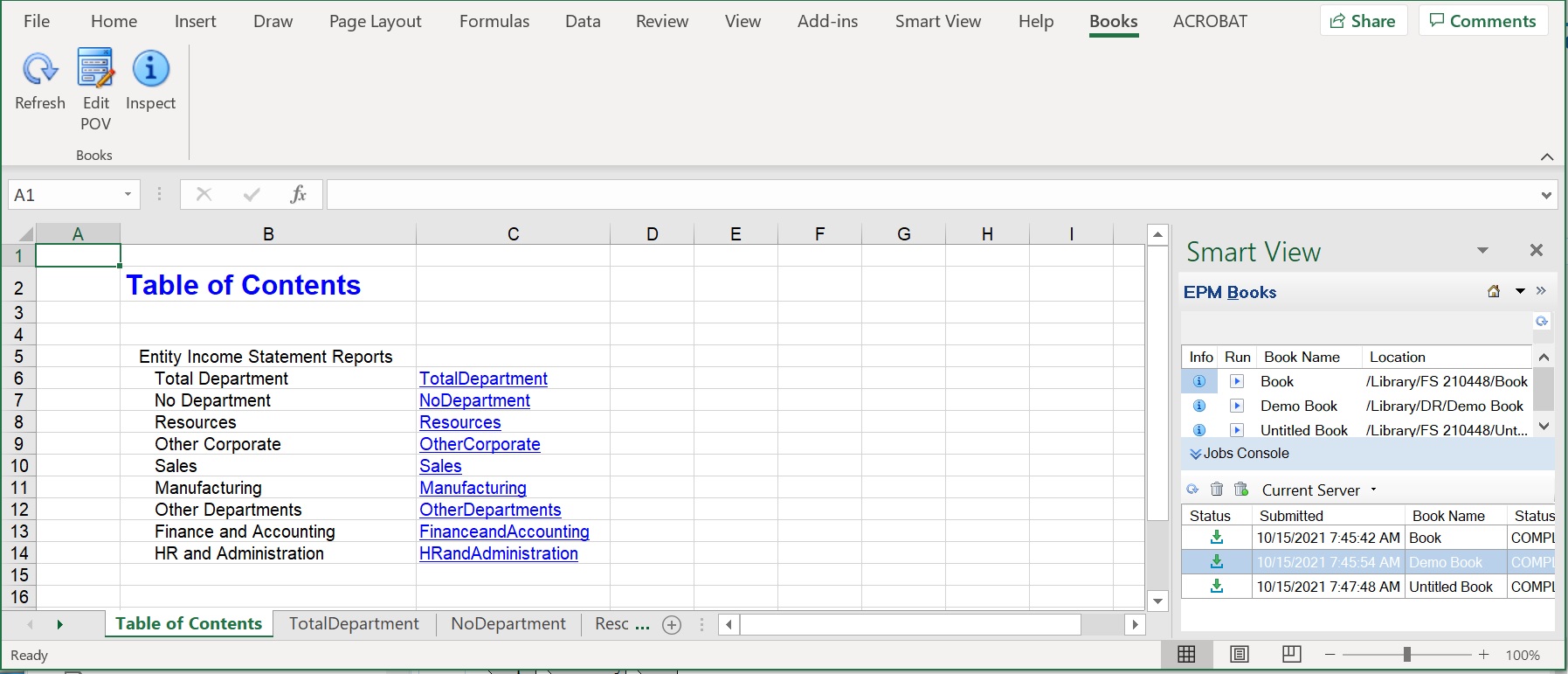 Books ribbon and example TOC page and worksheets tabs in Book downloaded into Excel