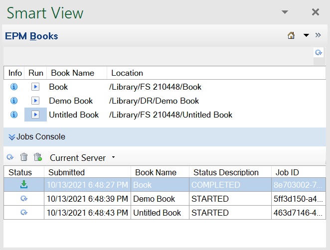 EPM Books Panel Showing Jobs in the Jobs Console