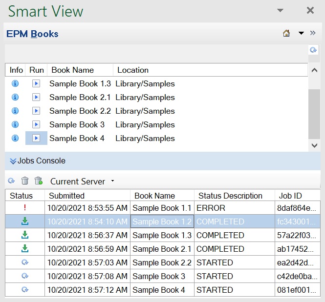 Example Books Panel with Jobs listed in the Jobs Console