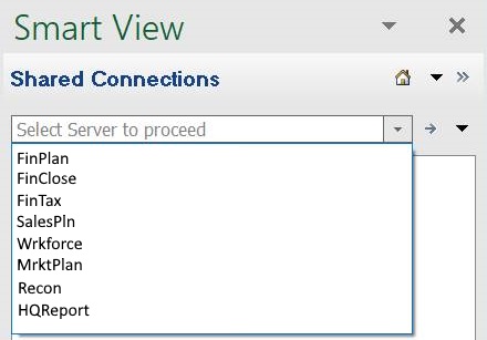 Example of a shared connection to multiple EPM Cloud data sources. The drop-down menu shows several EPM Cloud business processes, such as Narrative Reporting and Tax Reporting, to which you can connect